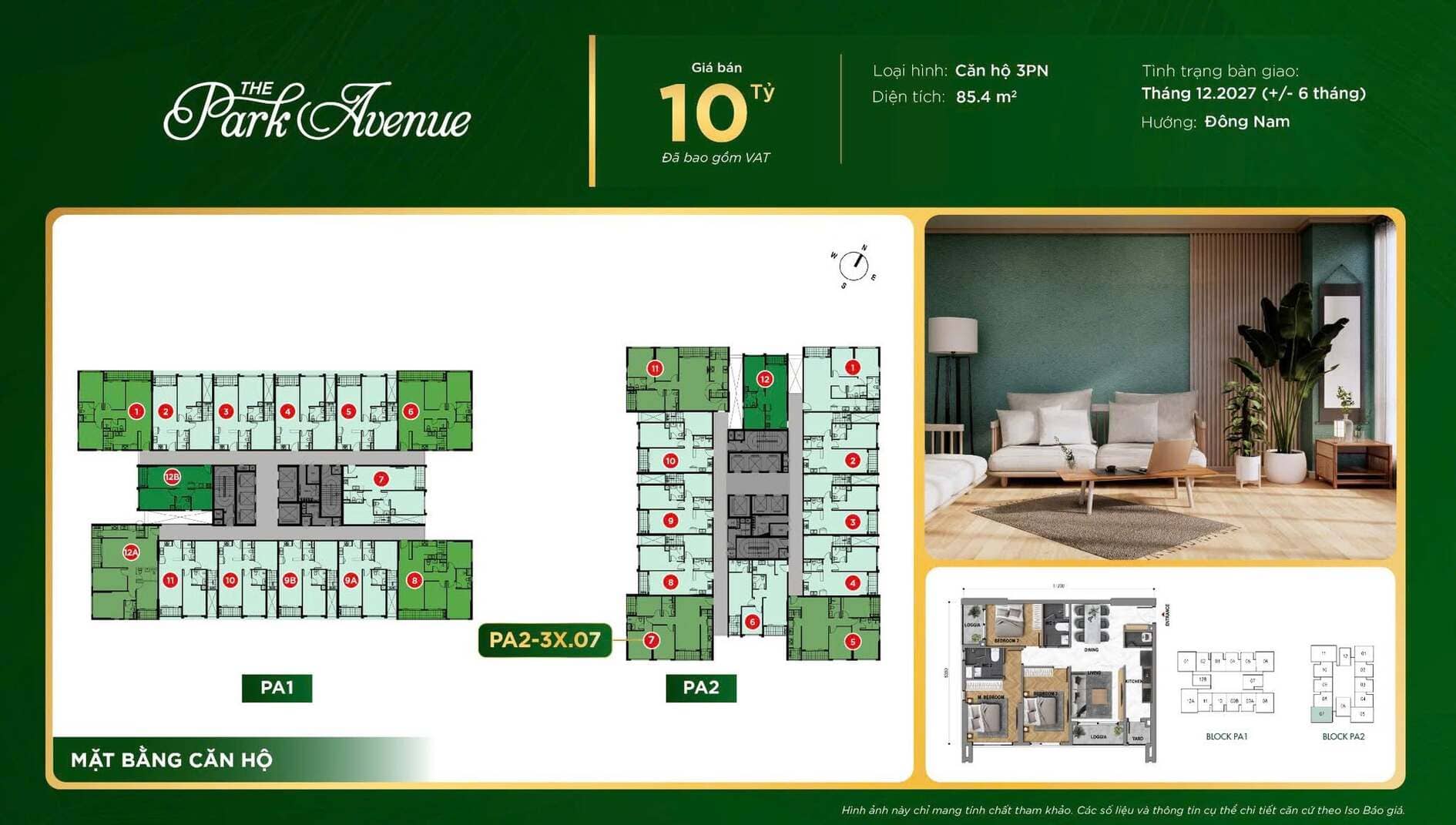 Mặt bằng căn hộ 3PN tháp PA2 mã căn 3X.07 diện tích 85.4m2 giá 10 tỷ The Park Avenue