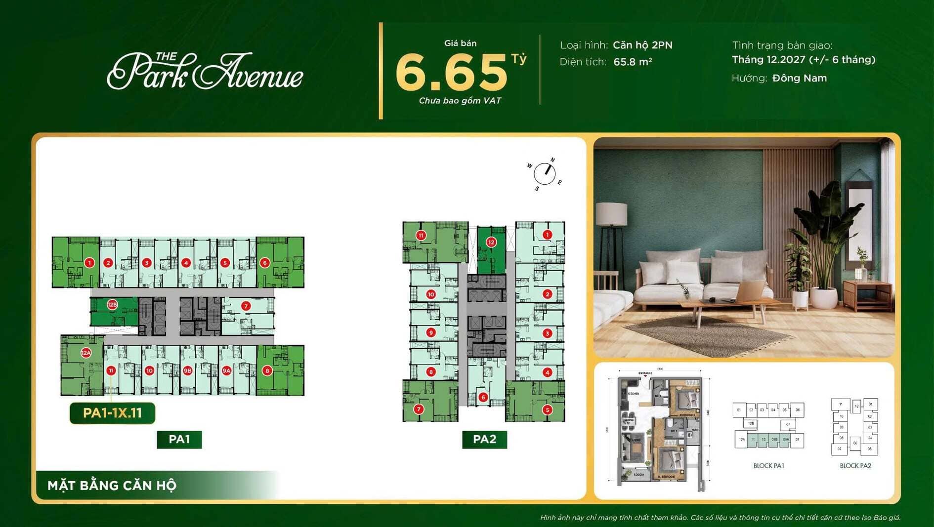 Sơ đồ bố trí căn hộ 2 phòng ngủ PA1-1X.11 diện tích 65.8m2 The Park Avenue