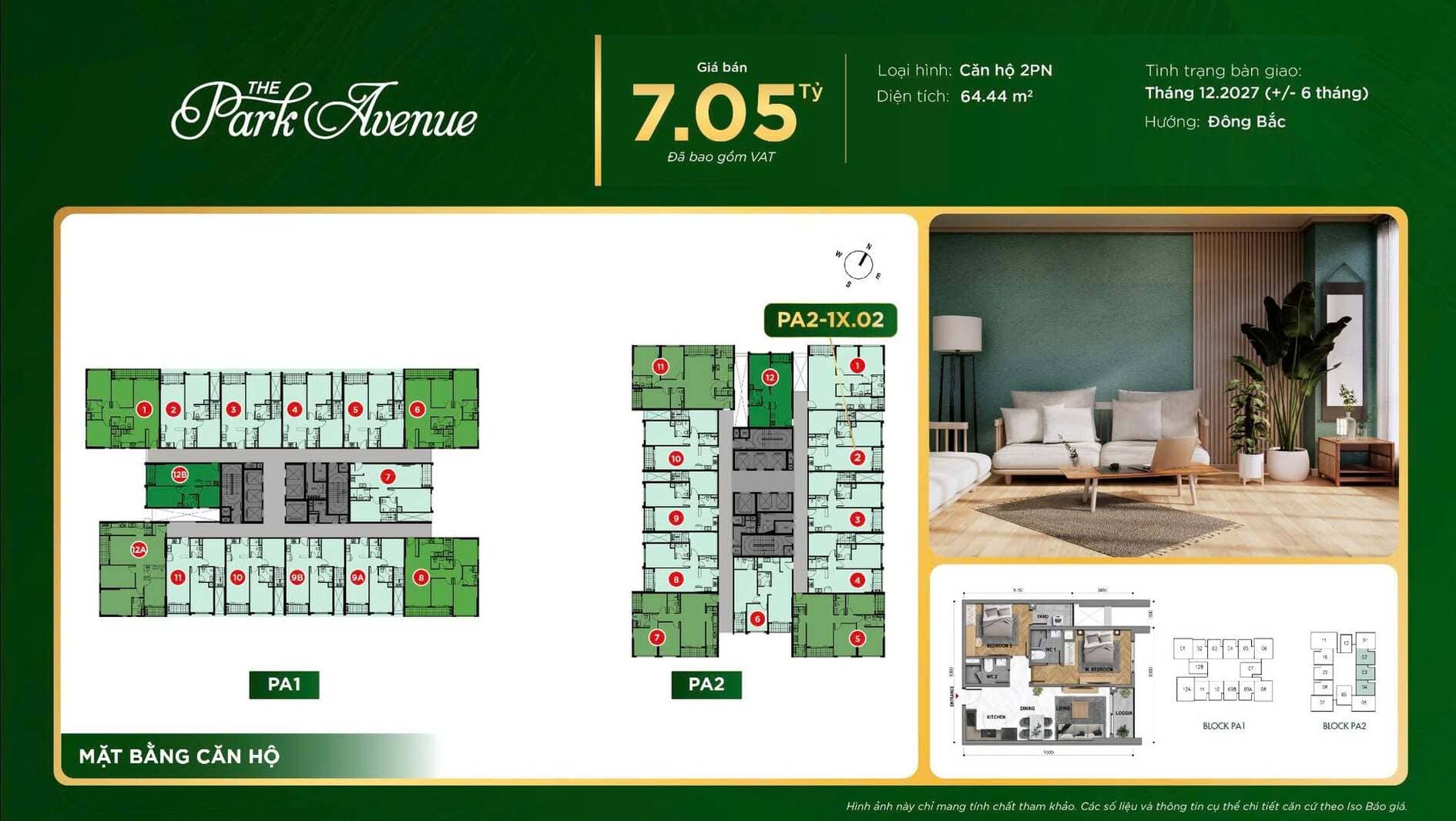Thiết kế căn hộ 2 phòng ngủ mã căn PA2-1X.02 giá 7.05 tỷ dự án The Park Avenue
