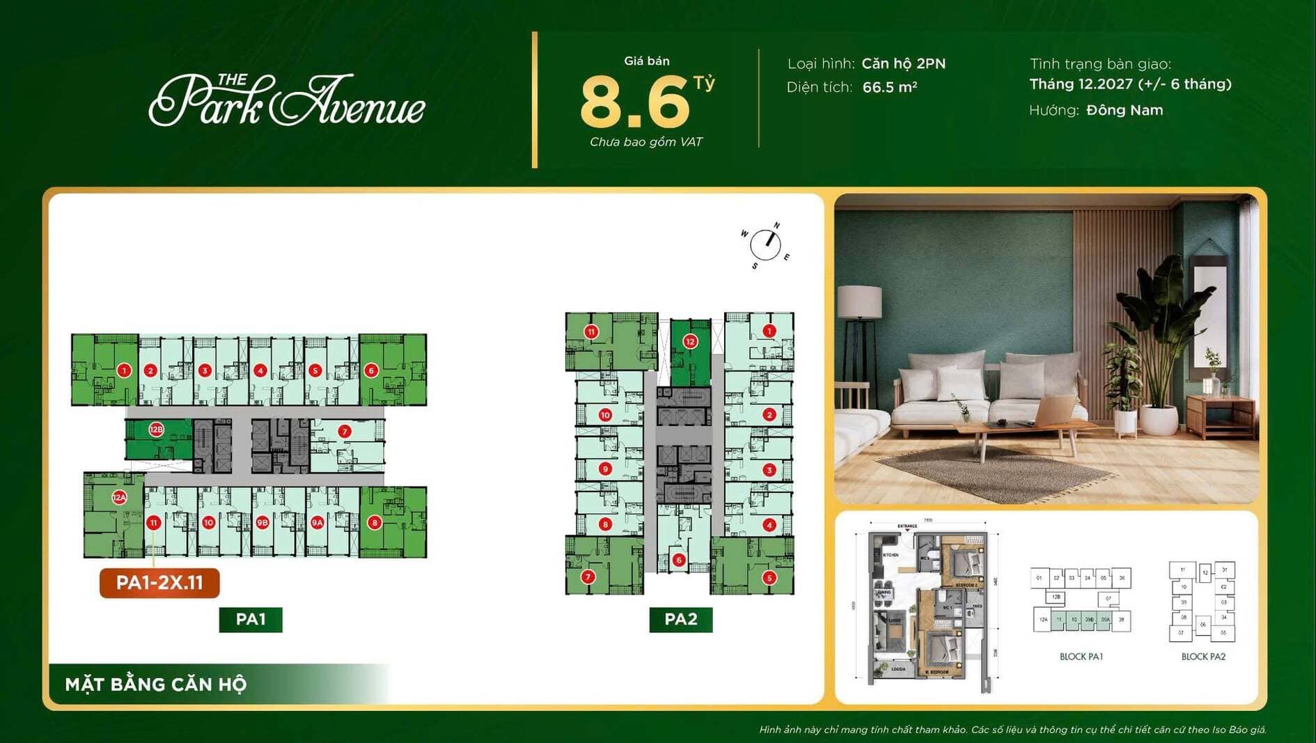 Mặt bằng chi tiết căn hộ 2PN tháp PA1 mã căn 2X.11 giá 8.6 tỷ The Park Avenue