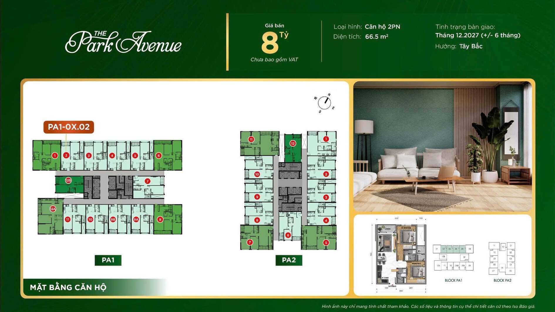 Sơ đồ mặt bằng căn hộ 2PN PA1-0X.02 diện tích 66.5m2 giá bán 8 tỷ The Park Avenue