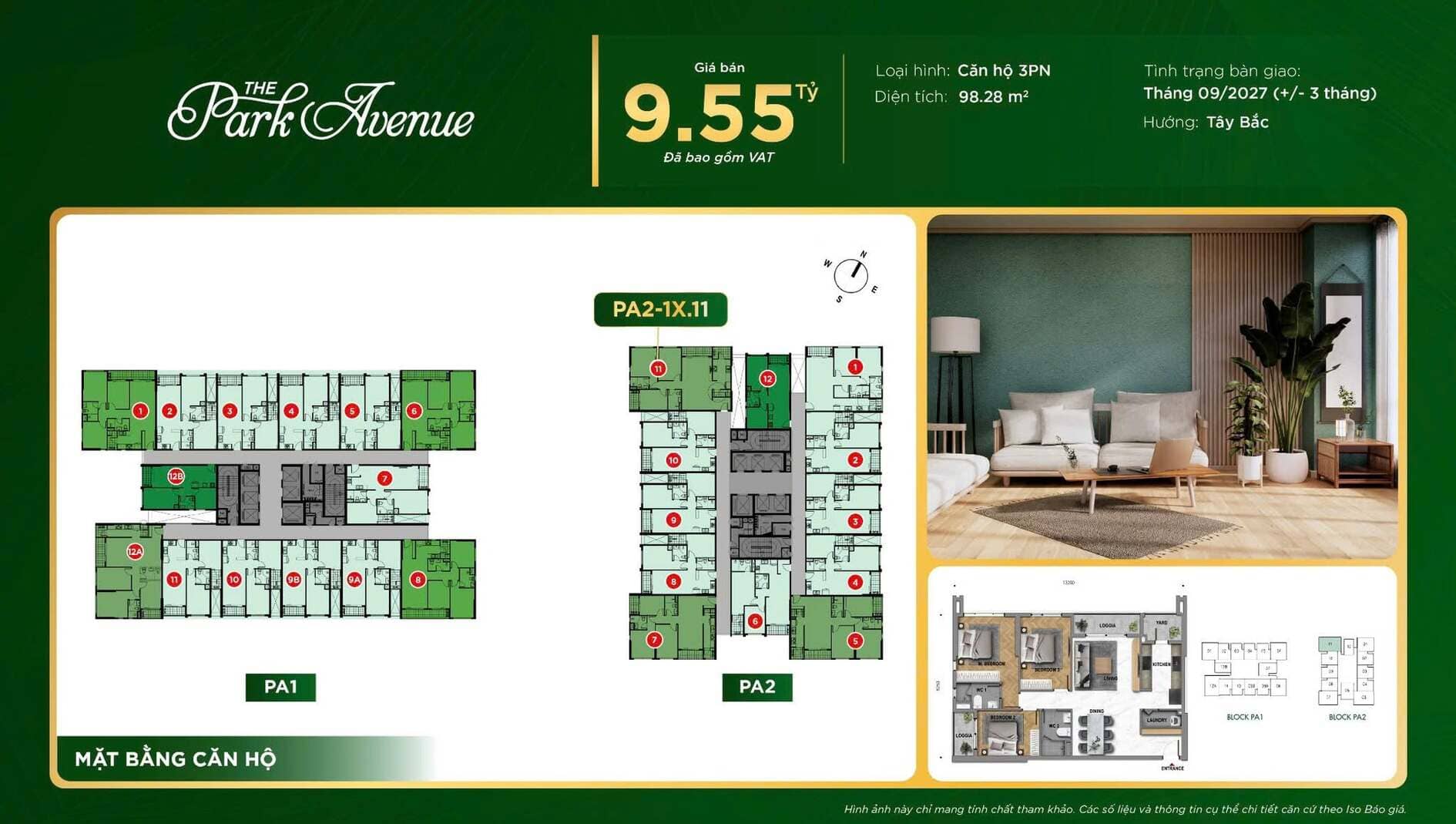 Chi tiết mặt bằng căn hộ 3PN góc PA2-1X.11 diện tích 98.28m2 giá 9.55 tỷ The Park Avenue