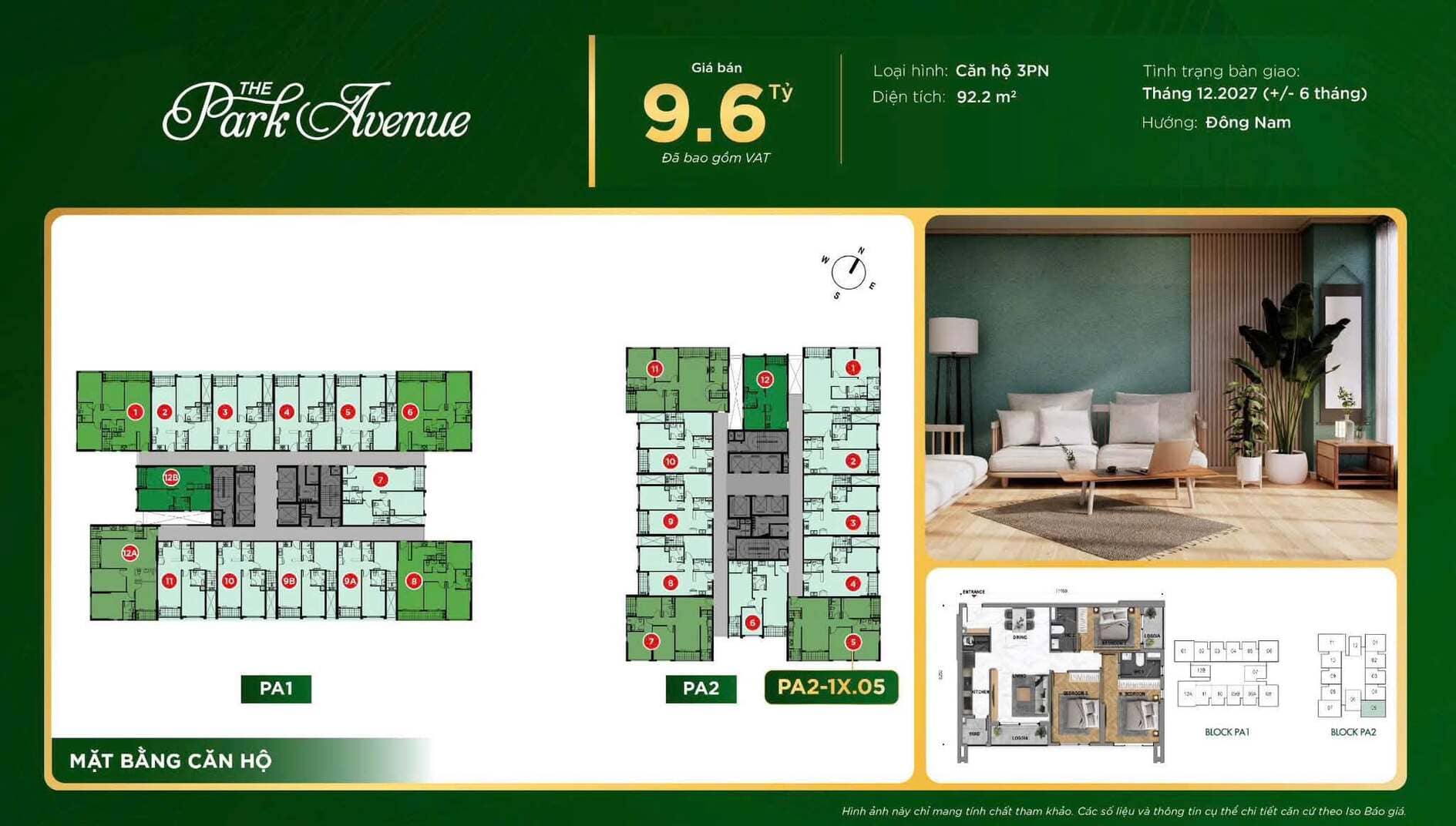 Sơ đồ bố trí căn hộ 3PN PA2-1X.05 diện tích 92.2m2 giá 9.6 tỷ The Park Avenue