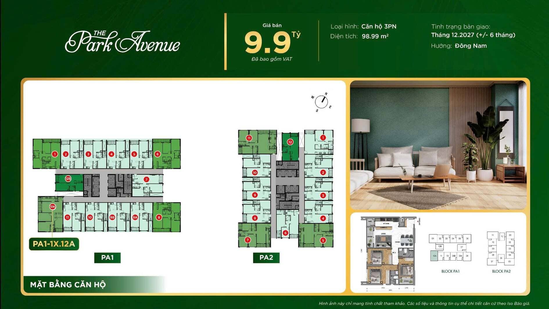 Mặt bằng căn hộ 3 phòng ngủ PA1-1X.12A diện tích 98.99m2 giá 9.9 tỷ The Park Avenue