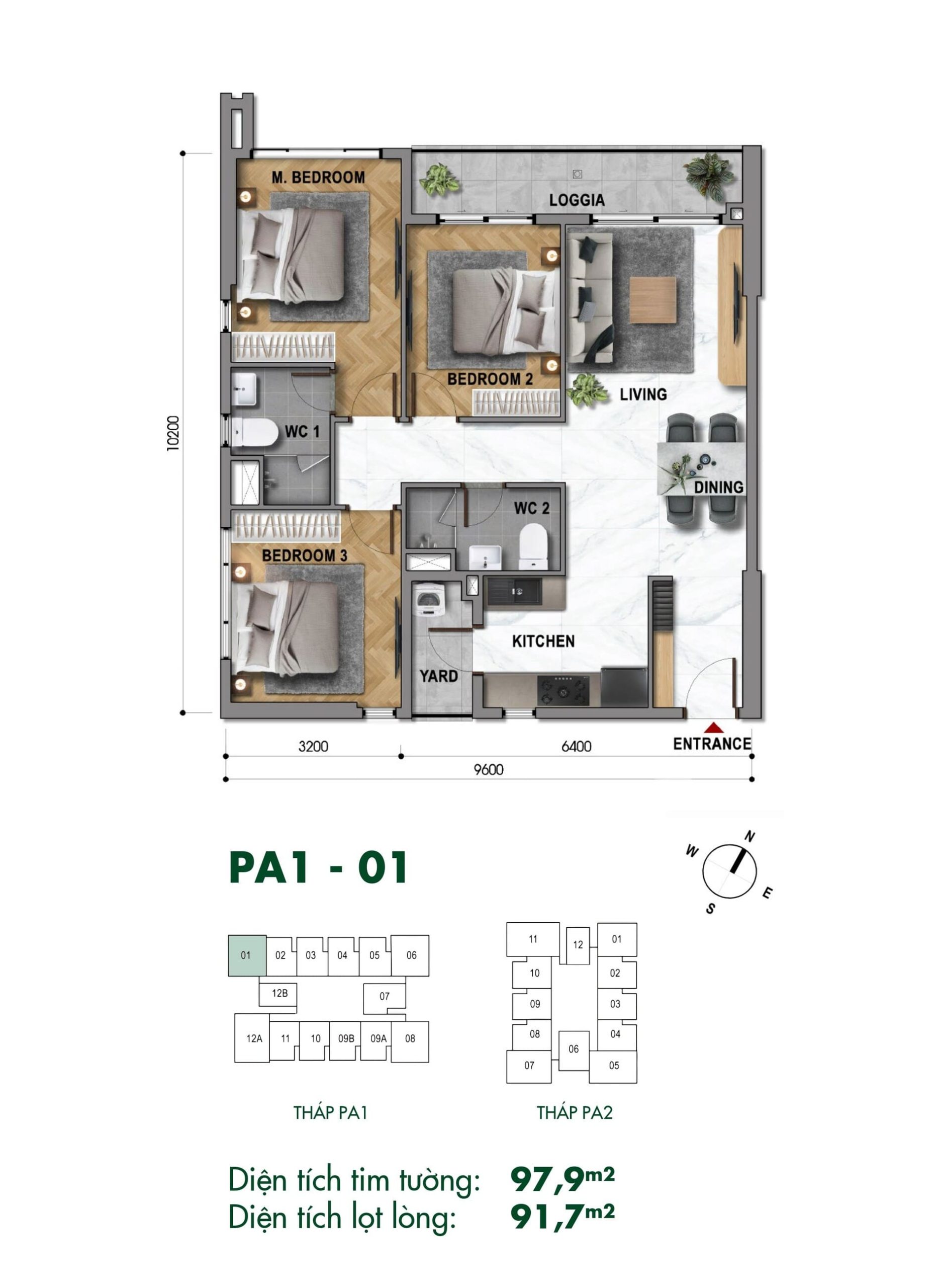 Sơ đồ mặt bằng chi tiết căn hộ góc 3 phòng ngủ PA1-01 The Park Avenue