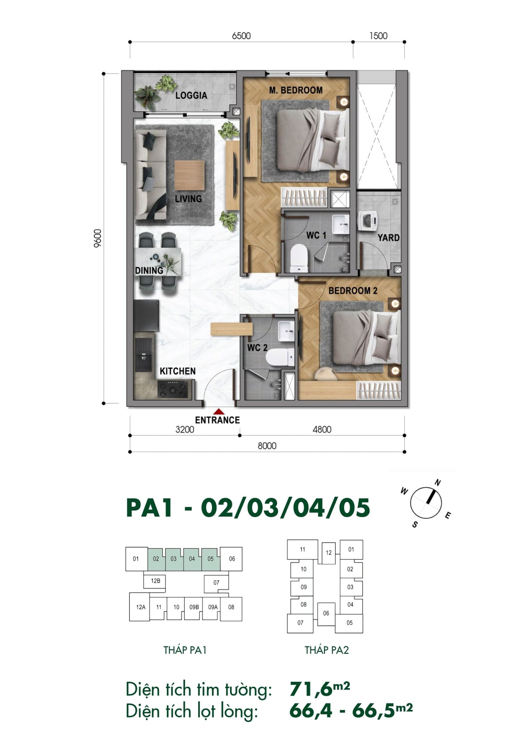 Mặt bằng chi tiết căn hộ 2 phòng ngủ PA1-02 đến PA1-05 The Park Avenue