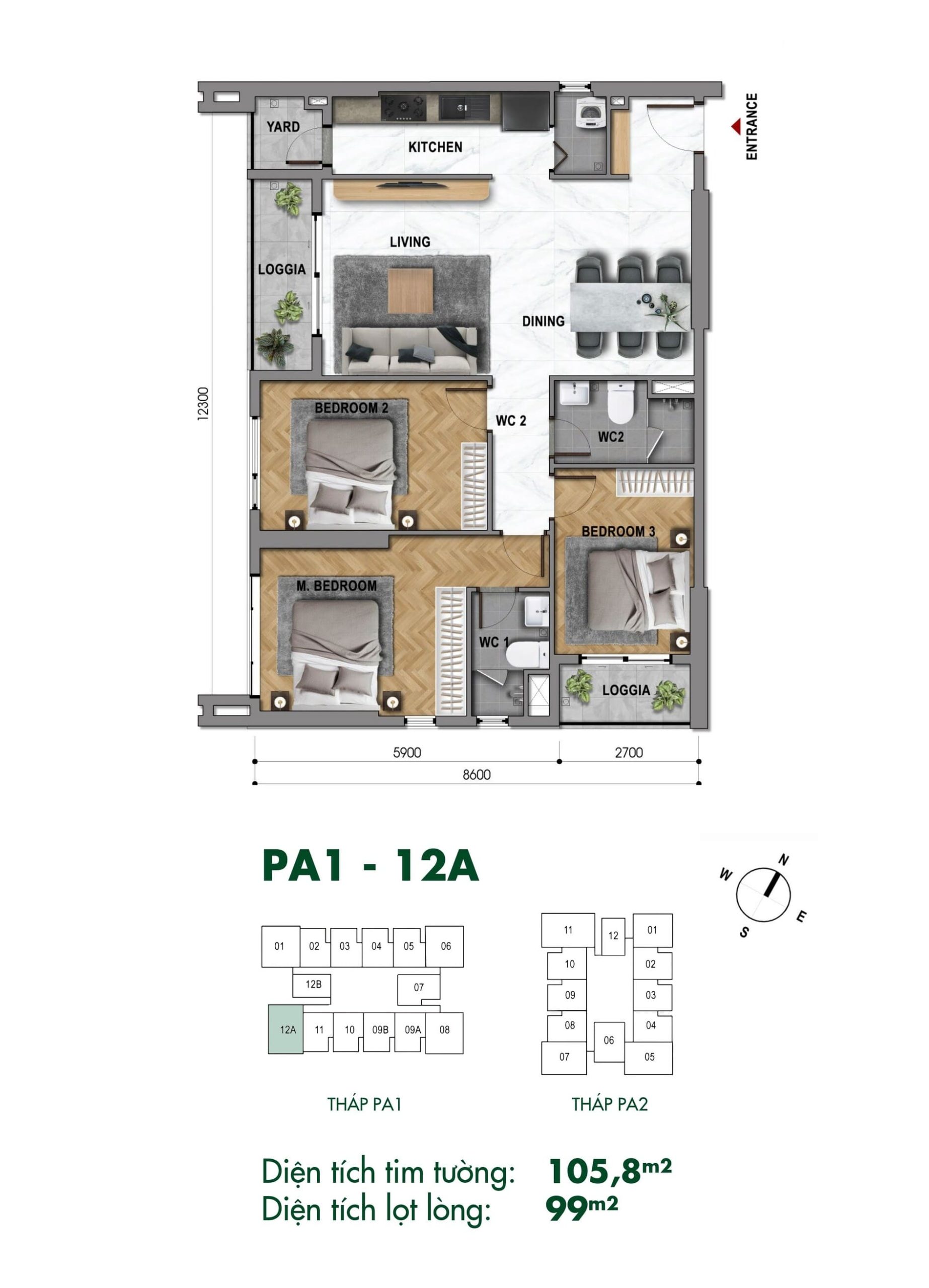Sơ đồ mặt bằng chi tiết căn hộ 3 phòng ngủ PA1-12A The Park Avenue