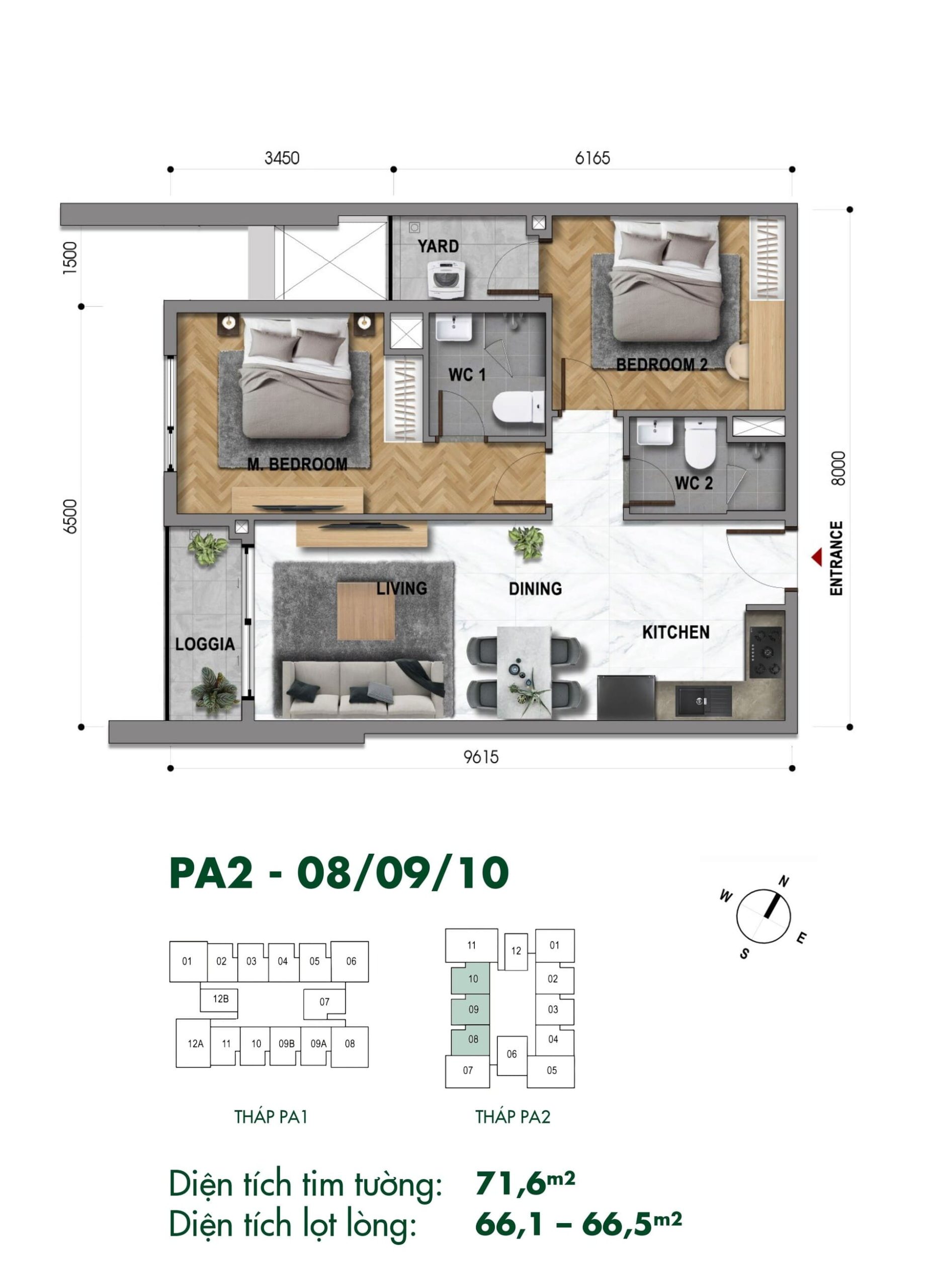 Mặt bằng chi tiết căn hộ 2 phòng ngủ PA2-08 đến PA2-10 The Park Avenue
